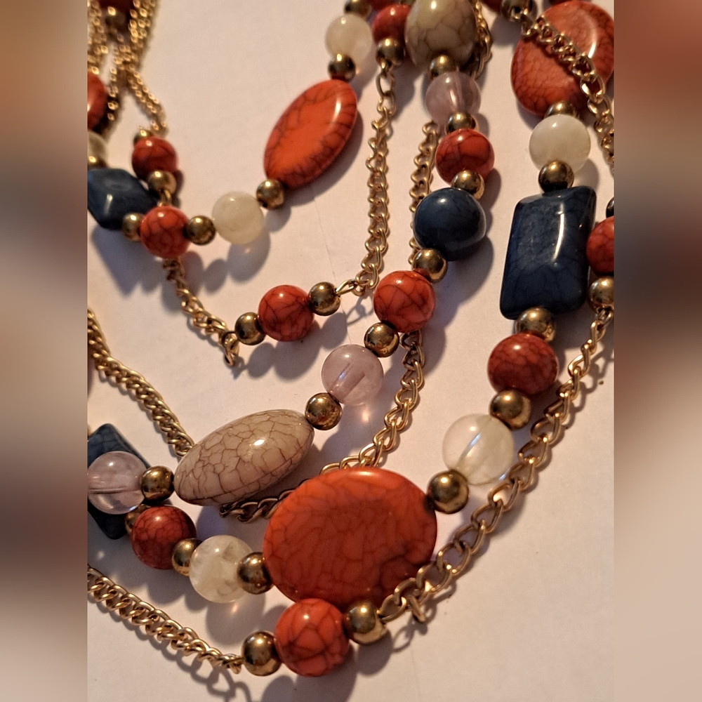 Vibrant Orange Turquoise Blue Multicolored Beaded Necklace with Gold Accents